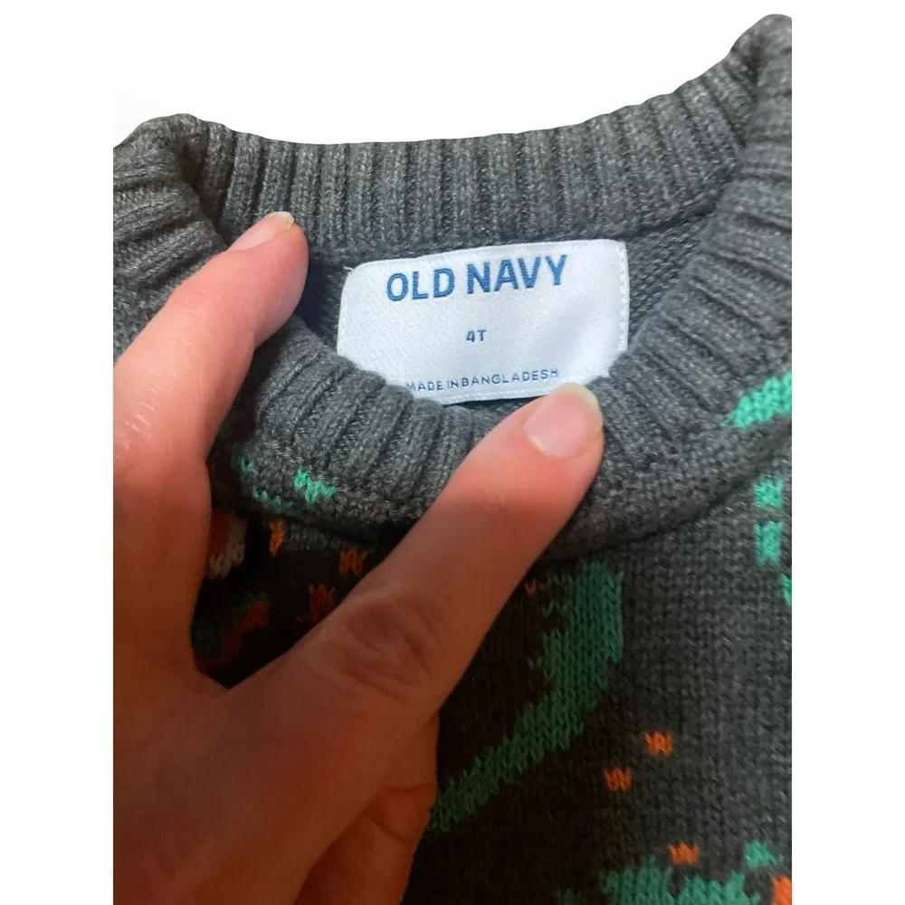 Old Navy Boys Gray Dinosaur T-Rex Knit Sweater Pullover‎ 4T Charcoal Teal Orange